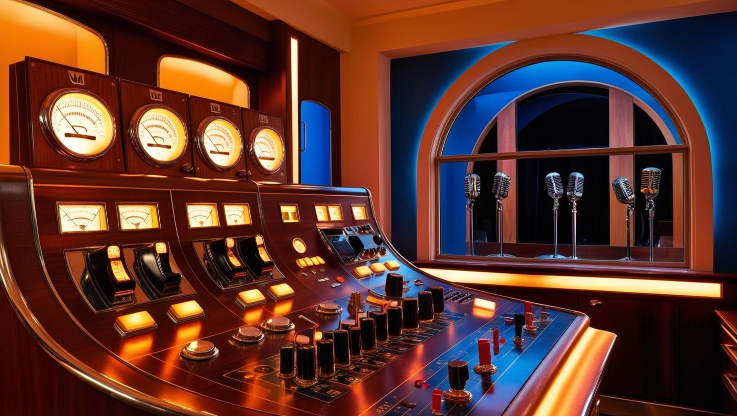 retro radio network studio control room. In a window you can see microphones for performers.1
